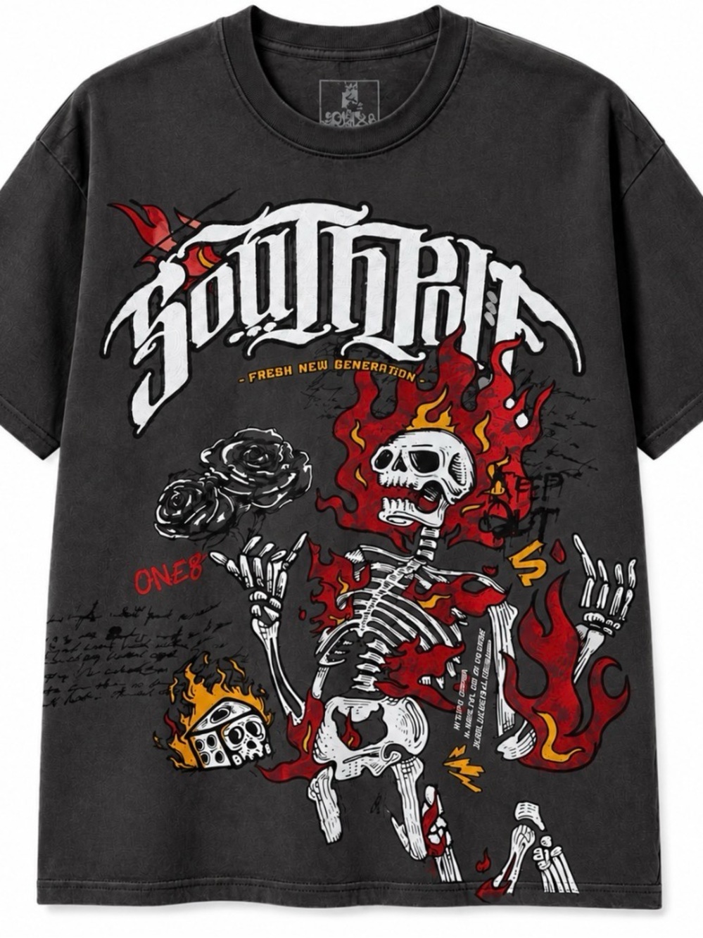 South Pole Black Tee with Flaming Skeleton Graphic